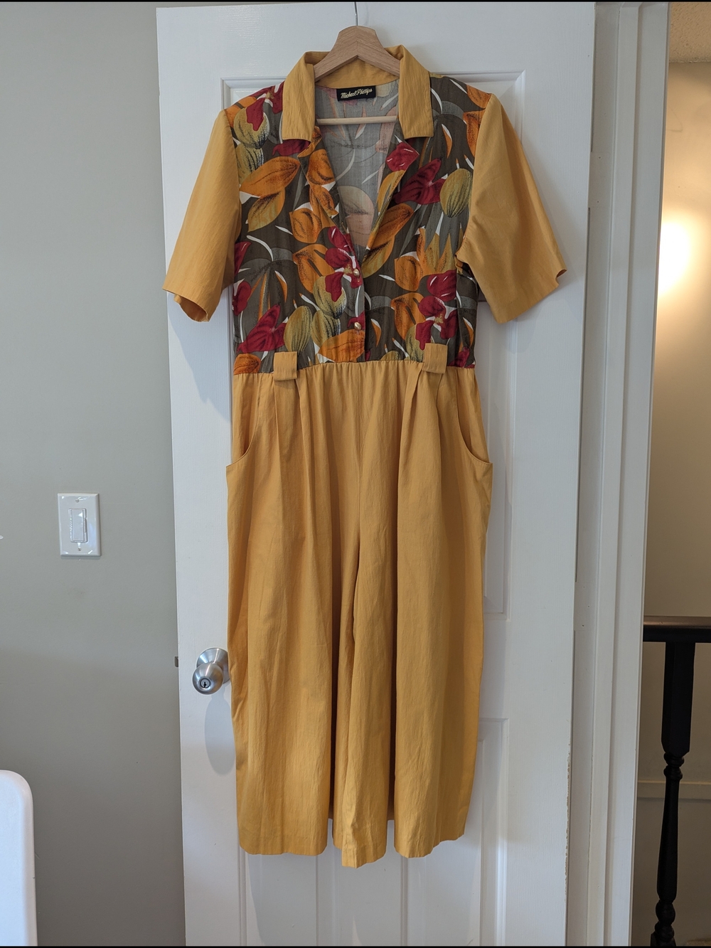 Vintage 80s Maximalist Tropical Floral Mustard Yellow Wide Leg Jumpsuit L/XL